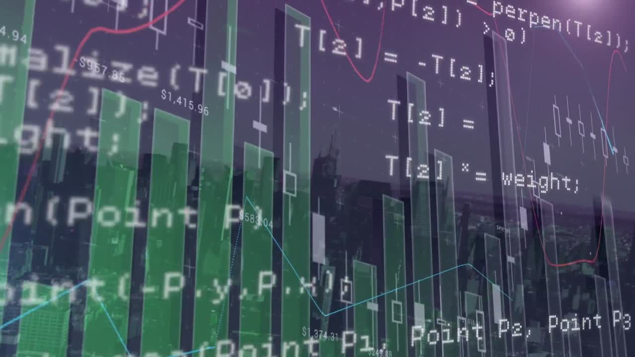 Animazione di registrazione di statistiche ed elaborazione dei dati su paesaggio urbano