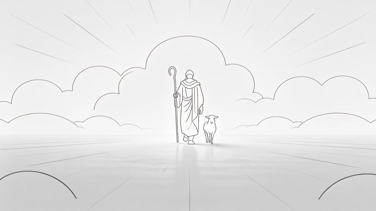 Walking robed shepherd following cloud opening, guiding sheep on reflective floor with staff