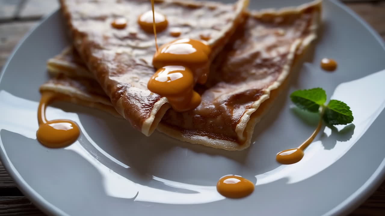 Caramel Sauce Being Poured Over Delicious Crepes