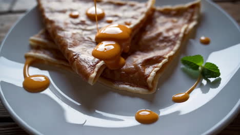 caramel sauce being poured over delicious crepes