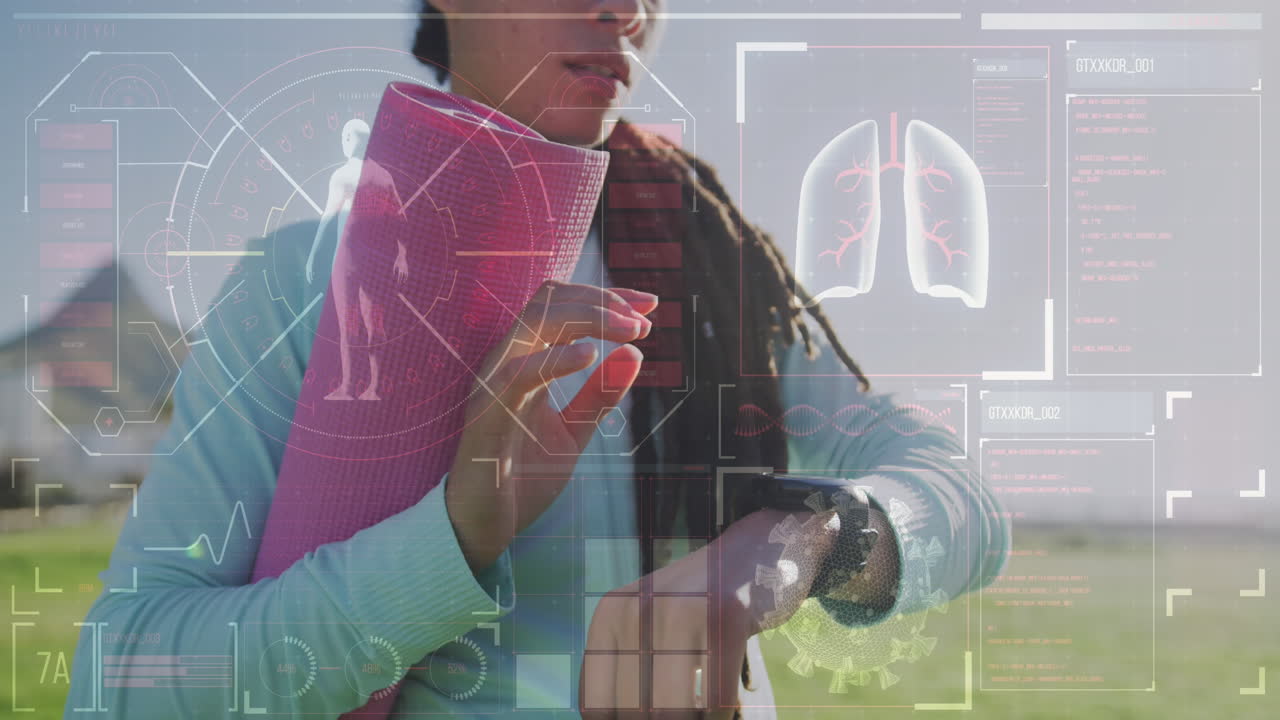 Animation of data processing over woman holding yoga mat and checking smartwatch