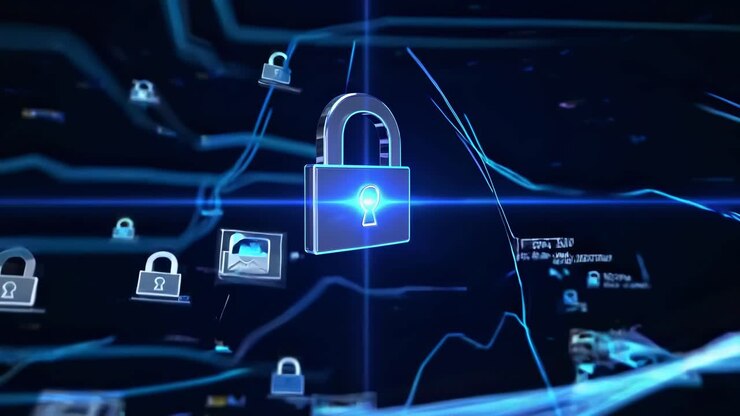 Concept video futuristico con lucchetto digitale e linee di dati fluenti