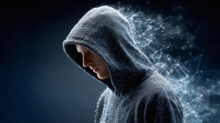Una figura misteriosa con una felpa con cappuccio circondata da particelle digitali, che evoca un'atmosfera futuristica di tecnologia ed enigma
