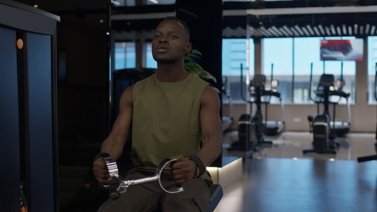 homem trabalhando em uma máquina de fila sentada em um ginásio