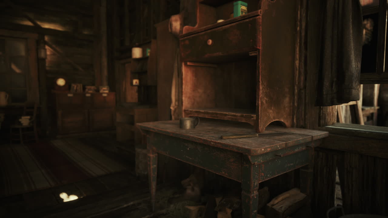 una mesa rústica en una cabaña oscura con un estante desgastado y artículos esparcidos