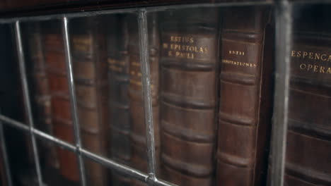 antique vintage leather-bound books in a leaded glass medieval middle ages cabinet in a library