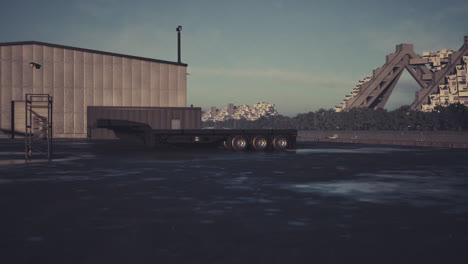 a flatbed trailer parked in a concrete lot with buildings in the background