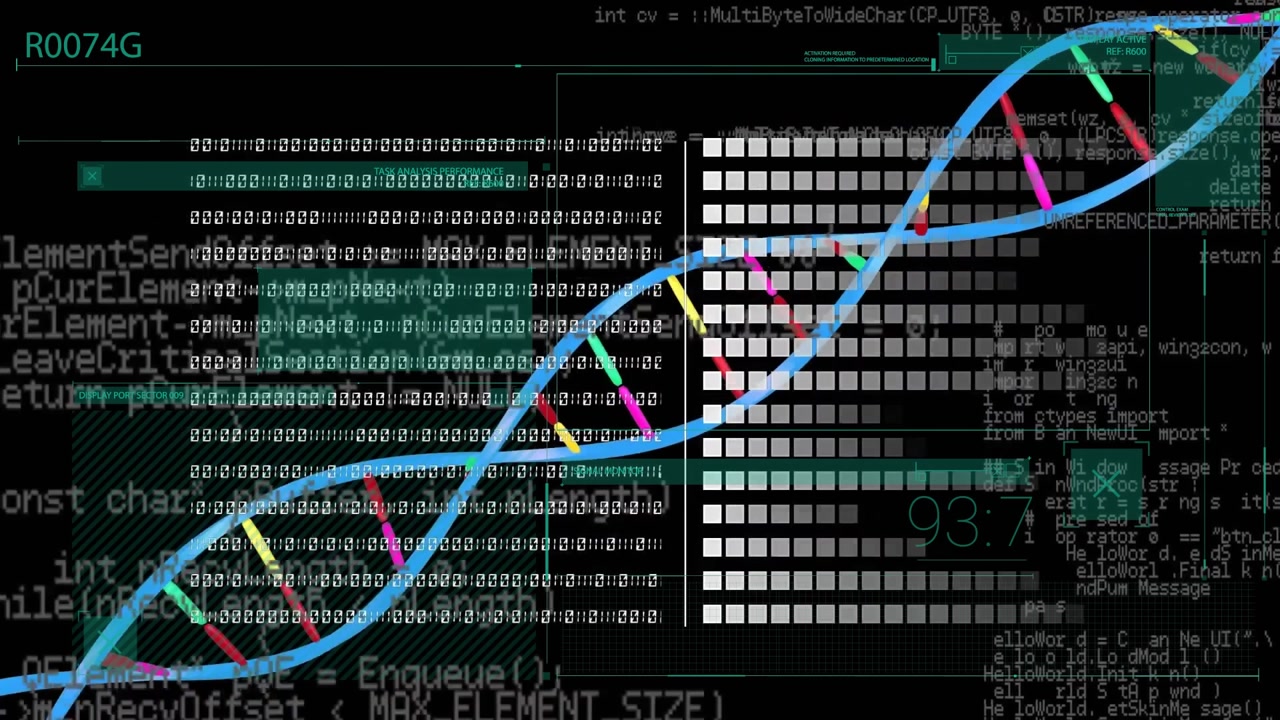 Animation of dna strand over data processing on black background