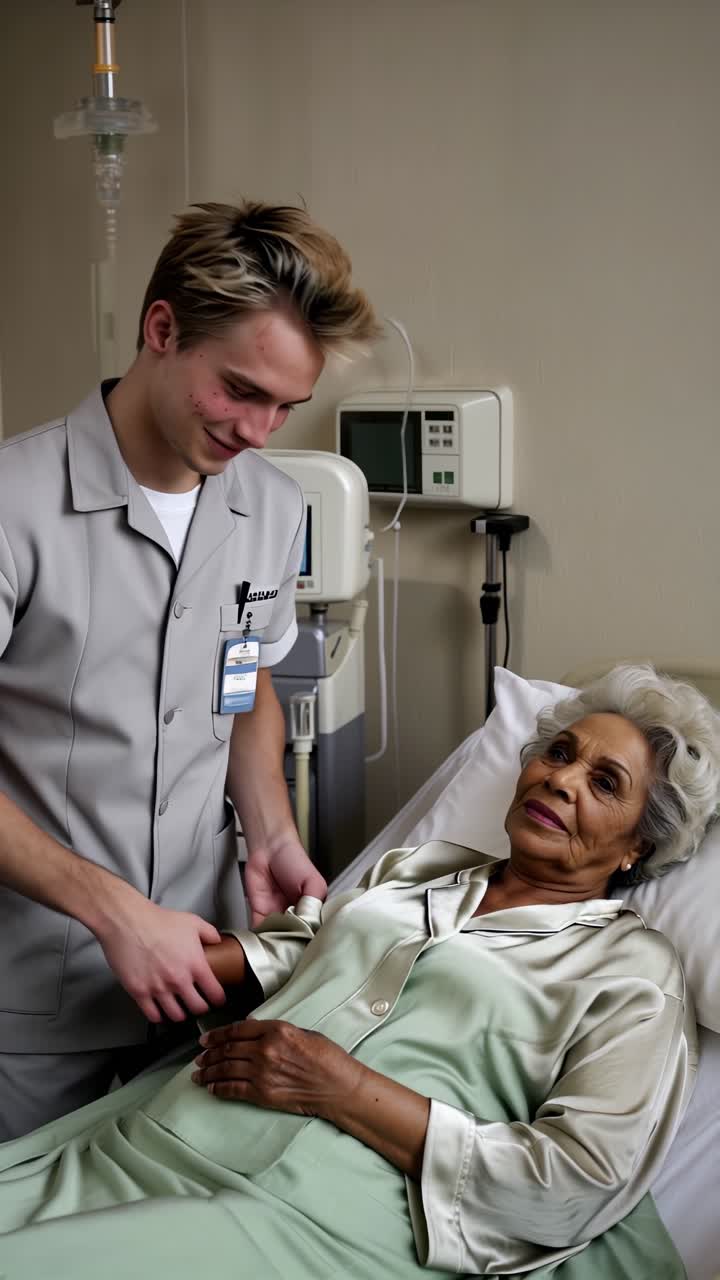 A man is helping a woman in a hospital bed