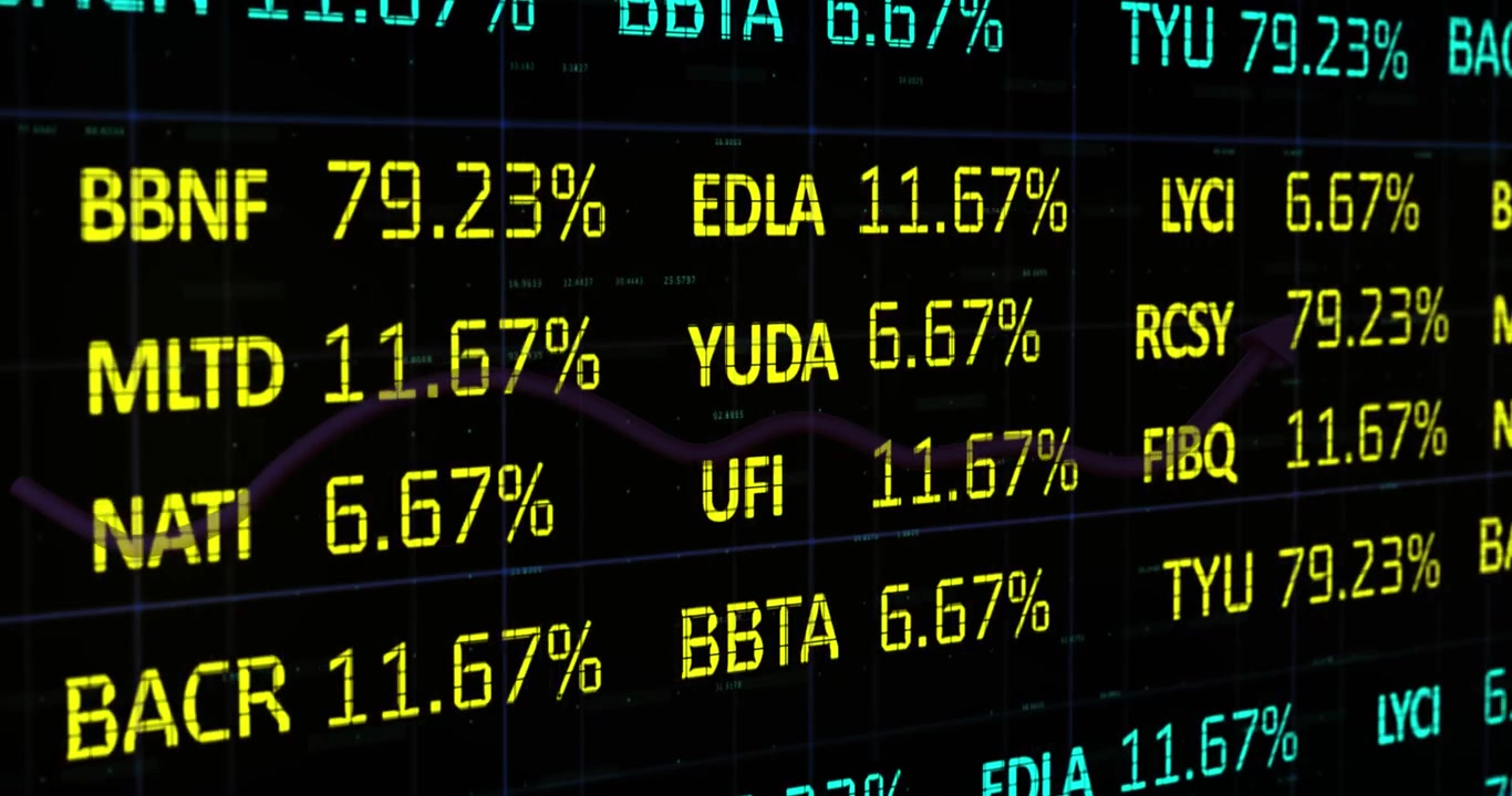 Animazione di un tabellone di trading su un grafico e un motivo a griglia, su sfondo nero.