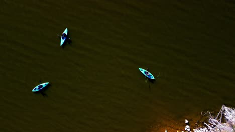 los pájaros ven a los kayakistas formando un triángulo acercándose unos a otros para comenzar a remar en el lago desde la zona rocosa frente a la playa