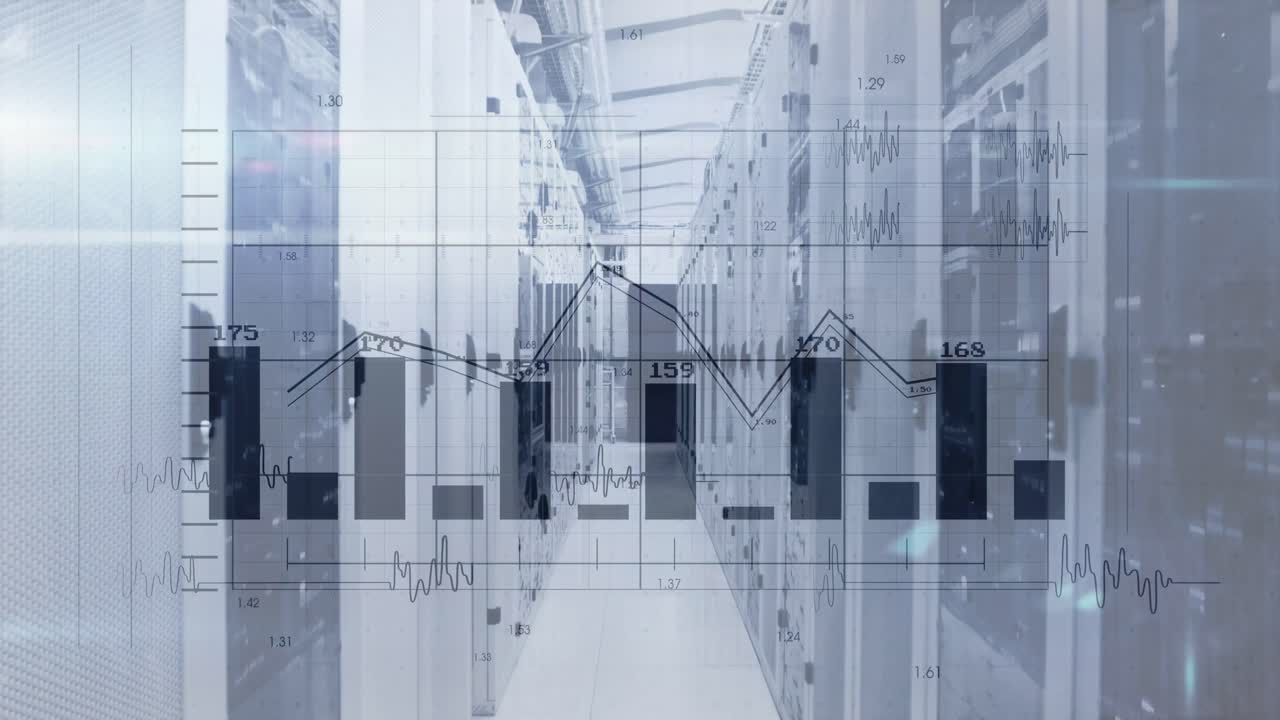 Animation of financial data processing over server room