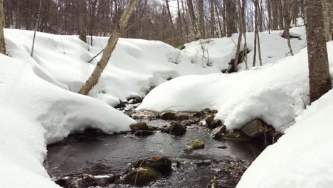 Paisaje-Cubierto-De-Nieve-Con-Arroyo-Que-Fluye-En-El-Bosque-Cerca-De-Huntsville,-Región-De-Muskoka,-Ontario,-Canadá