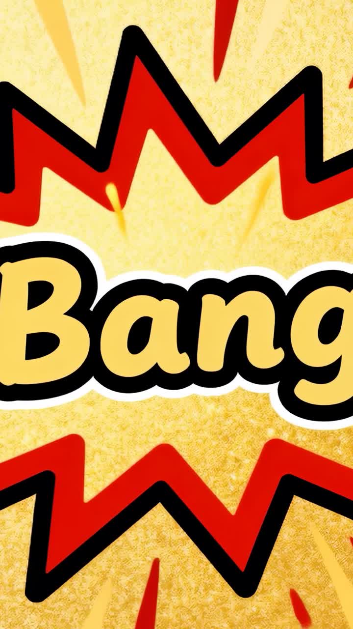 Vertikales Video: Wiedergabe startet, Bang-Grafik verschiebt sich auf goldenem Hintergrund, roter Sternenhagel als Comic-Panel