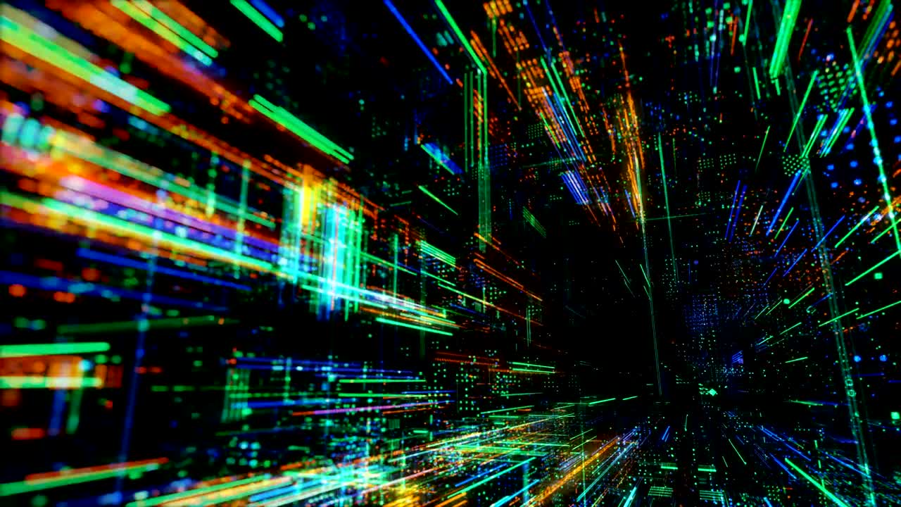Trasferimento dati e tecnologia futura, sfondo concettuale di sicurezza informatica, internet digitale ad alta velocità astratto. Sfocatura di movimento. Render 3D loop 4K.