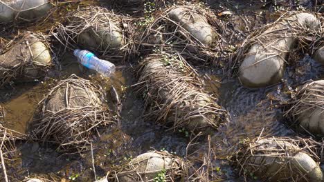 plastic waste transparent bottle flow in rocks at riverbank near yangjaecheon, seoul south korea