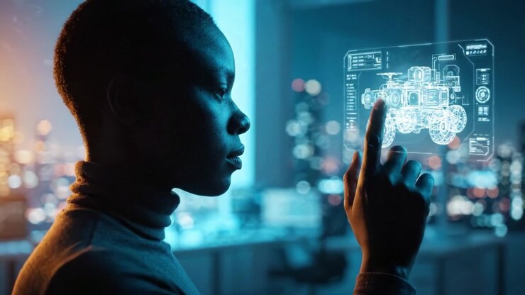 Inspiring Future Vision: A Thoughtful Individual Interacts with a Holographic Display of an Advanced Robotic Vehicle Against a Stunning Urban Skyline at Night