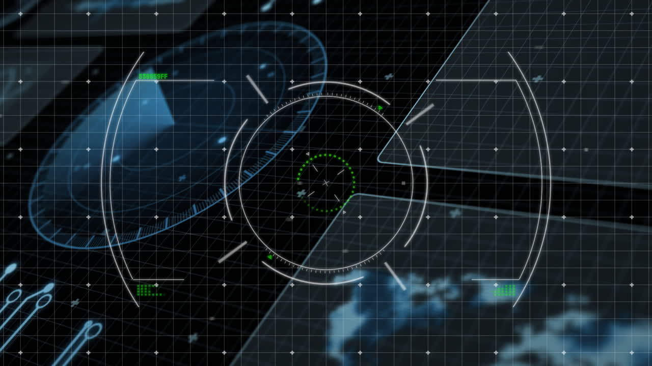 Animation of futuristic digital interface with circular target and grid overlay