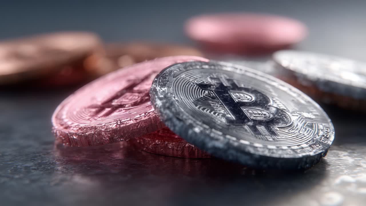 A Close-Up Look at Bitcoin Coins Highlighting Their Unique Design and Color Variations Against a Metallic Surface