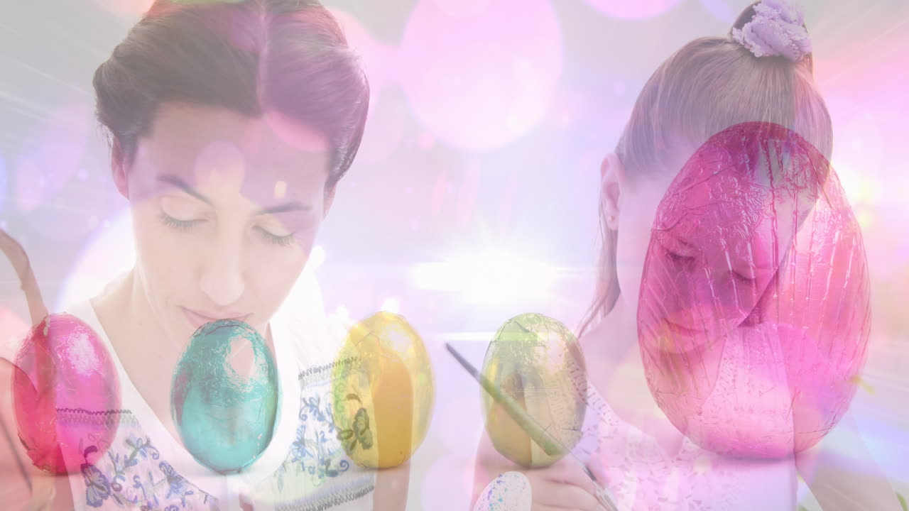 카우카시안 어머니와 딸이 달 ⁇ 을 장식하는 부활절 달 ⁇ 의 애니메이션