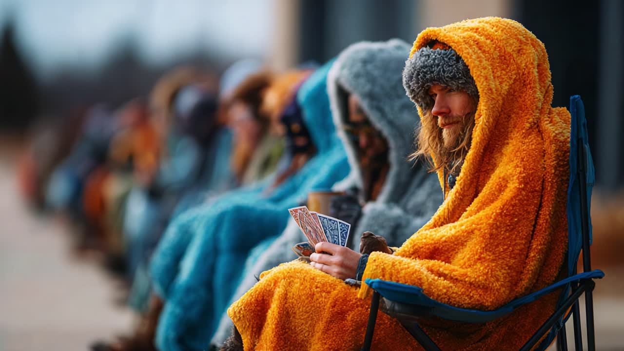 A Group of Friends Bundled in Colorful Blankets Enjoying a Leisurely Outdoor Gathering, Engaged in Card Games and Warm Beverages on a Chilly Day