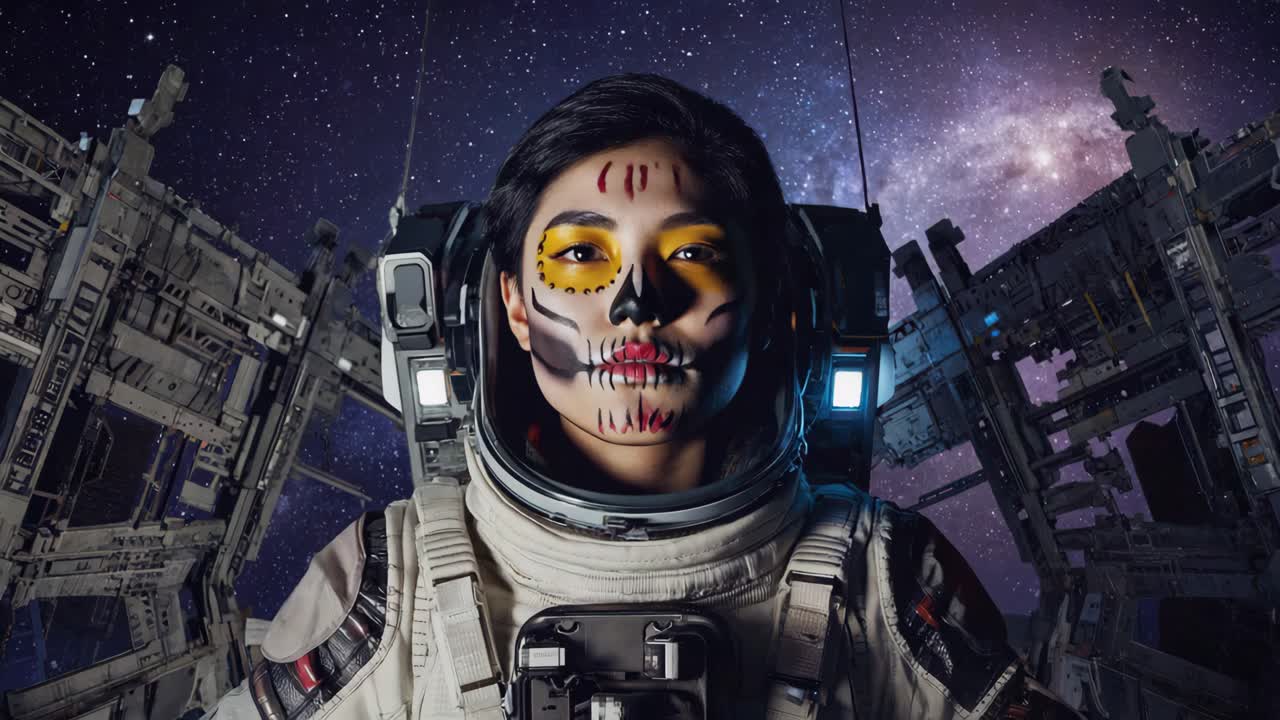 Kvinde i astronautdragt med sugar skull ansigtsmaling i rummet