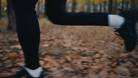 close-up shot of a man in a black sports uniform with white socks and black sneakers running along a seed path in the autumn sunny forest during his jog in the morning