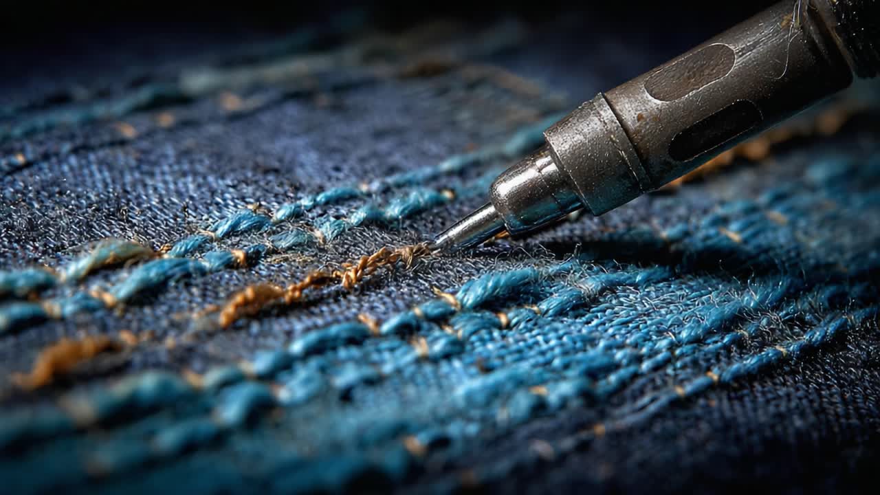 Un'esplorazione ravvicinata del tessuto denim e dell'interazione con gli attrezzi, evidenziando le tecniche di cucito e il lavoro di precisione nell'artigianato tessile.
