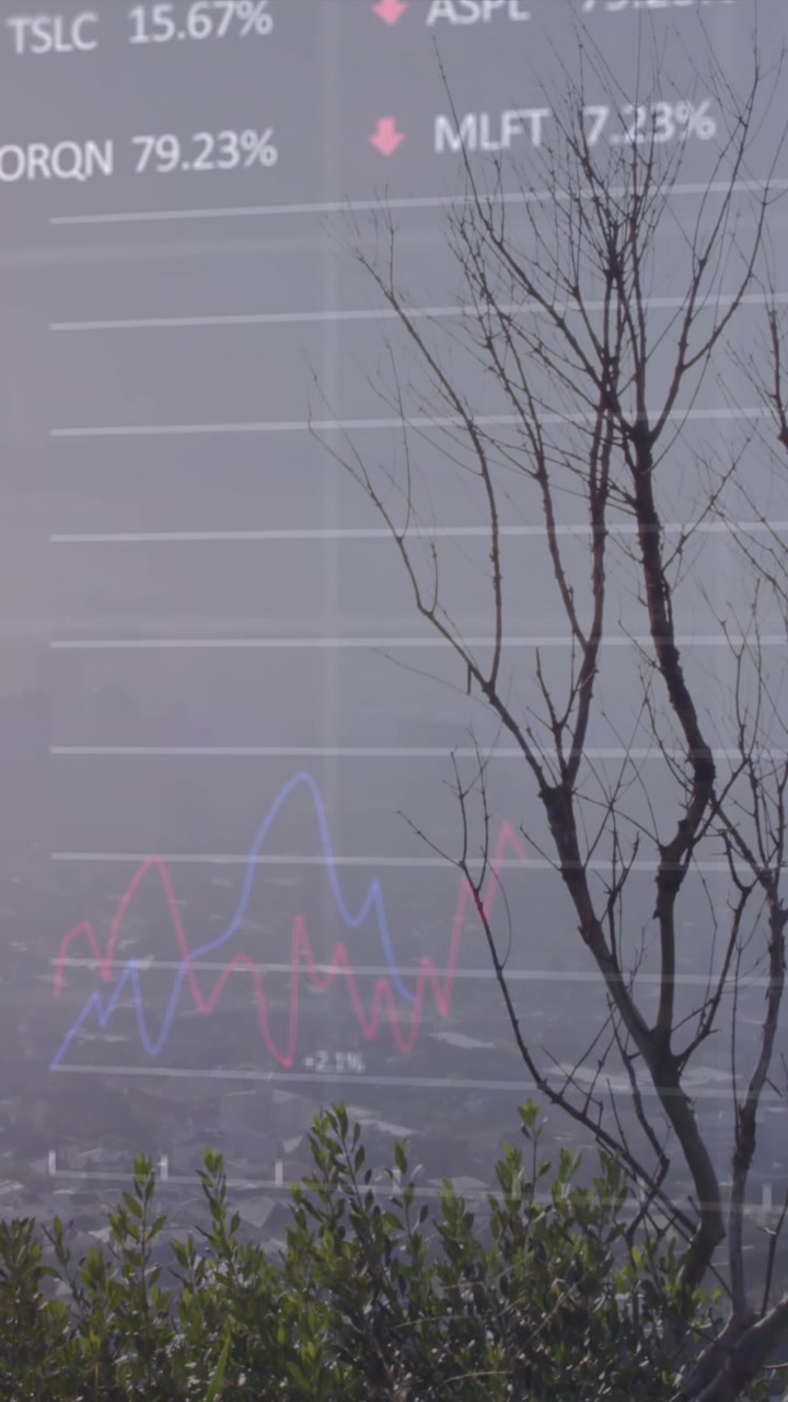 Animazione di elaborazione di dati statistici e di borsa su vista aerea di paesaggio urbano