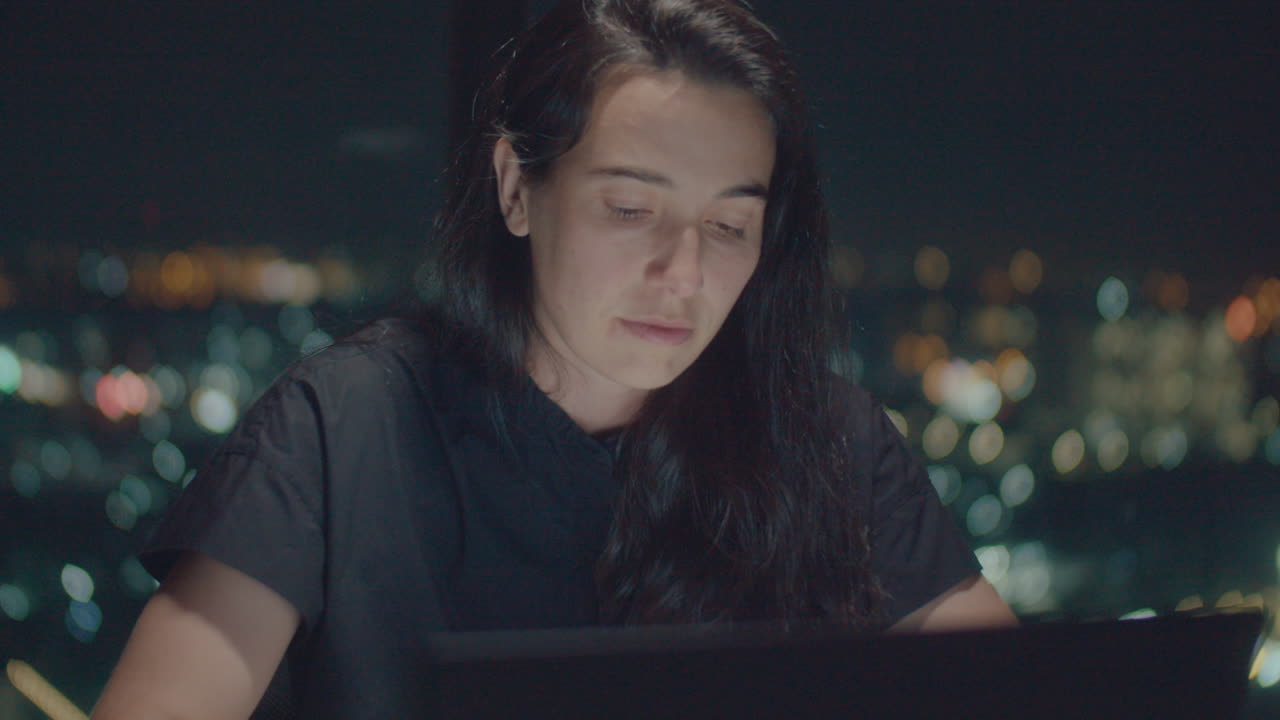 European woman working at night