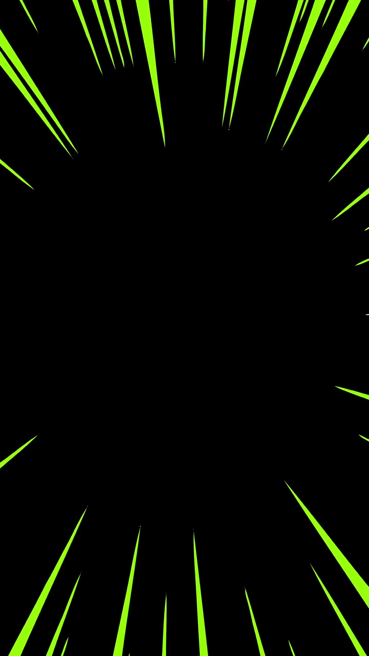 Green anime-style speed lines rush inward from the edges of a black screen, creating a powerful focus frame for action scenes or dynamic text, vertical format