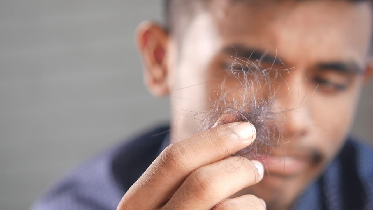 머리카락이 빠지는 것을 확인하는 남자