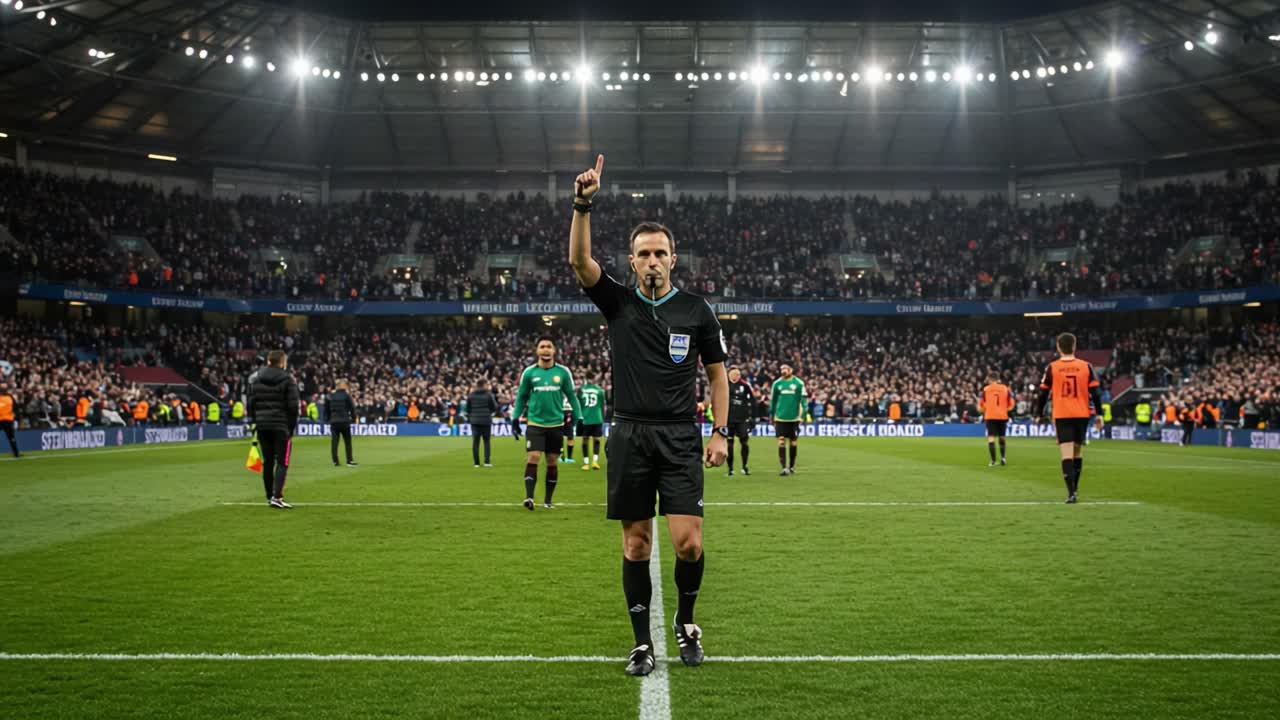 A Football Match Official Signals the Start of an Exciting Game with Confidence and Authority in a Packed Stadium Full of Enthusiastic Fans