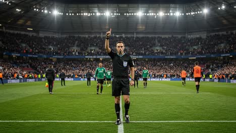 a football match official signals the start of an exciting game with confidence and authority in a packed stadium full of enthusiastic fans