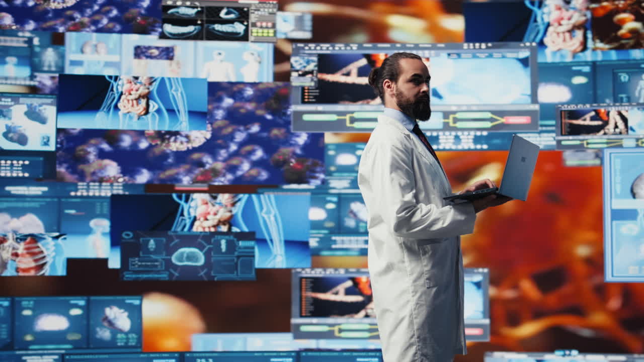 Young medic interacting with virtual health technology for telemedicine