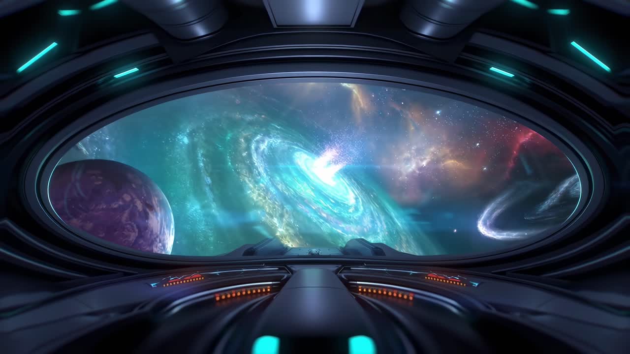 Vista della galassia dall'abitacolo di un'astronave futuristica, inquadratura grandangolare, ideale per video di fantascienza