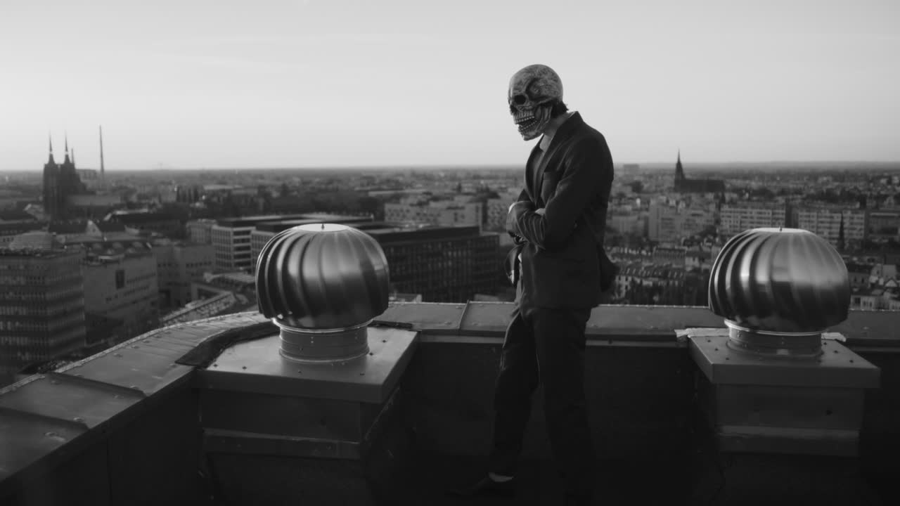 Mysterious Figure in Skull Mask on a City Rooftop