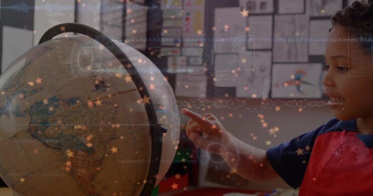 Boy leaning and touching globe, rotating and pointing at map while learning at school, star overlay