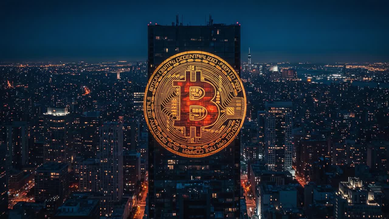 A Stunning Nighttime Skyline View Featuring a Massive Bitcoin Projection on a Skyscraper, Illuminating the City with Cryptocurrency's Symbolic Glow and Potential