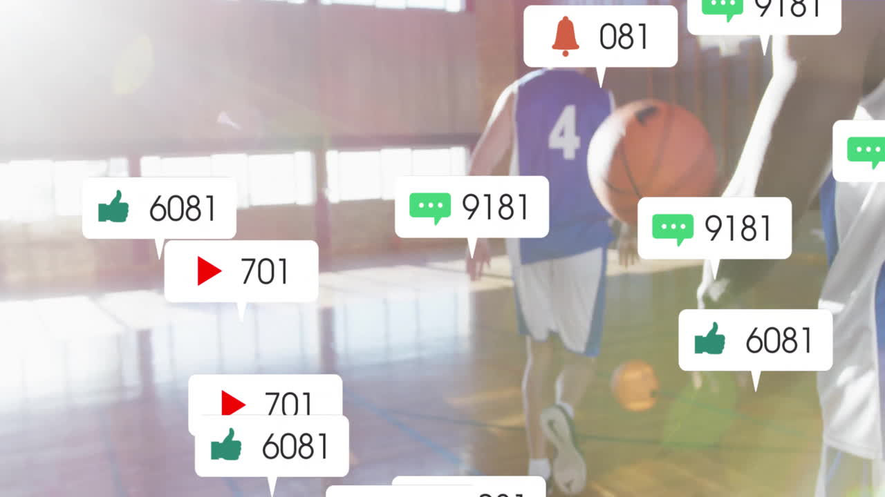 Male player dribbling basketball in gym, showcasing tech with floating notifications