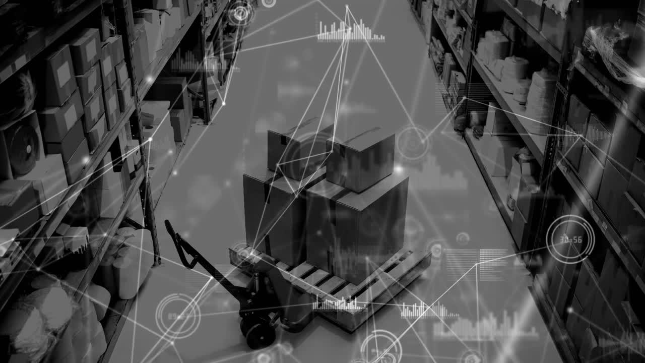 animazione della rete di connessioni e elaborazione dei dati sul magazzino