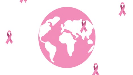 Animation-of-multiple-pink-ribbon-logo-falling-over-pink-globe-logo-appearing-on-white-background