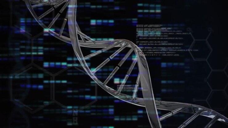 Animation of dna helix rotating over illuminated bar graphs and programming language