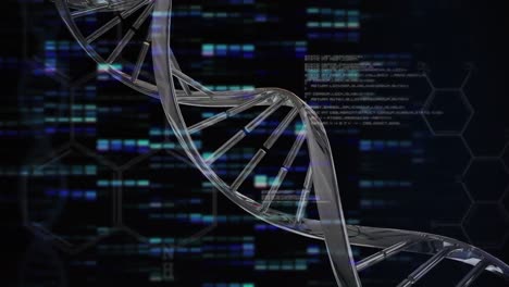 Animation-Einer-DNA-Helix,-Die-Sich-über-Beleuchtete-Balkendiagramme-Und-Programmiersprache-Dreht