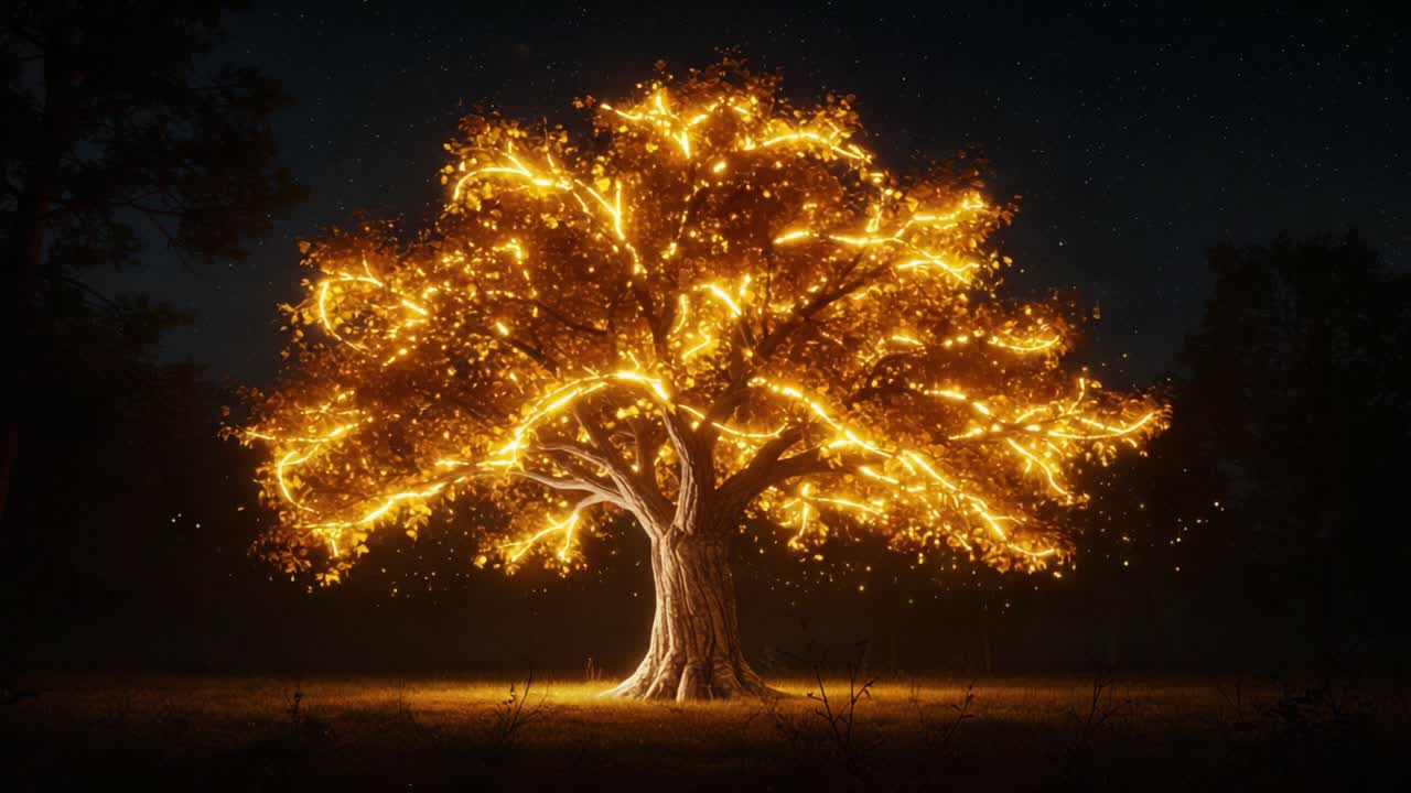A Majestic Glowing Tree Illuminates the Night Sky with its Radiant Brightness, Creating a Breathtaking View of Nature's Enchantment and Magical Atmosphere