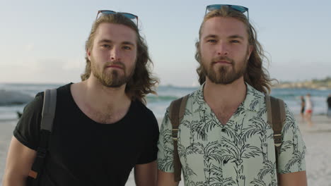 retrato de hermanos atractivos posando confiados en la playa de cerca de gemelos