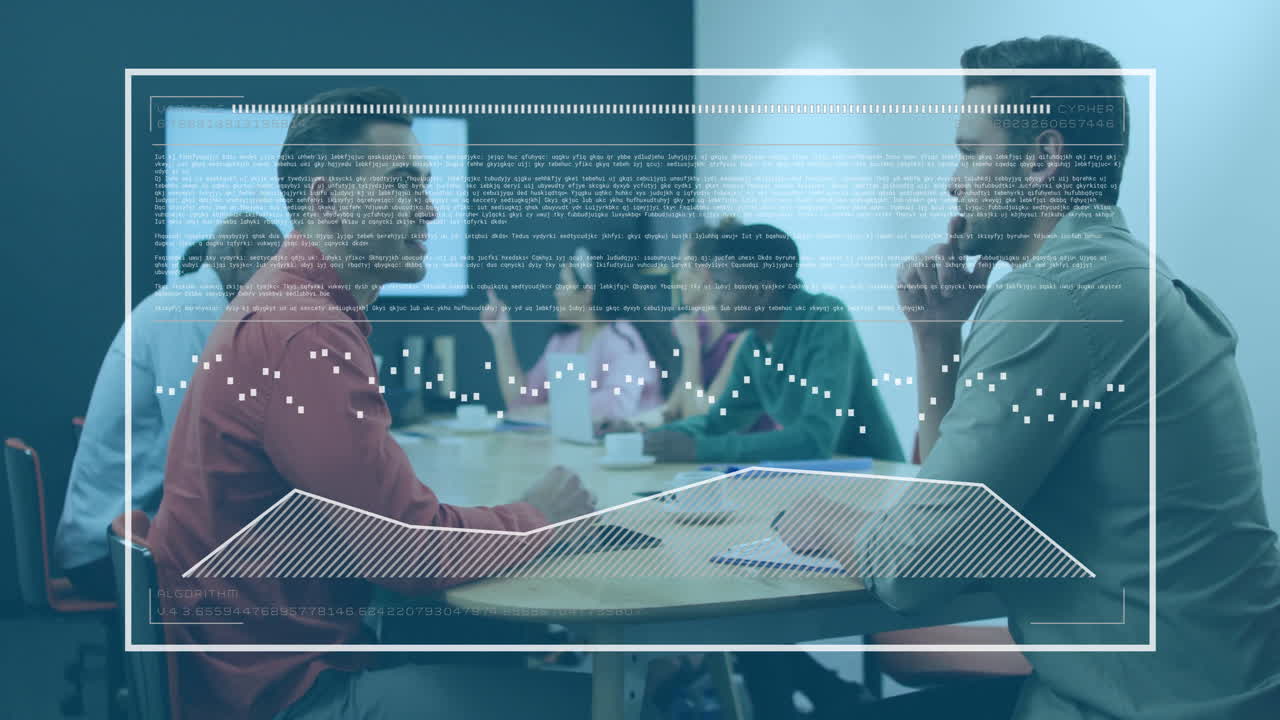 Business meeting with data analytics animation overlaying diverse team discussion