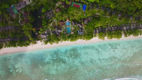 Aerial-drone-view-of-travel-destination-exotic-beach-resort-in-the-Seychelles-Islands