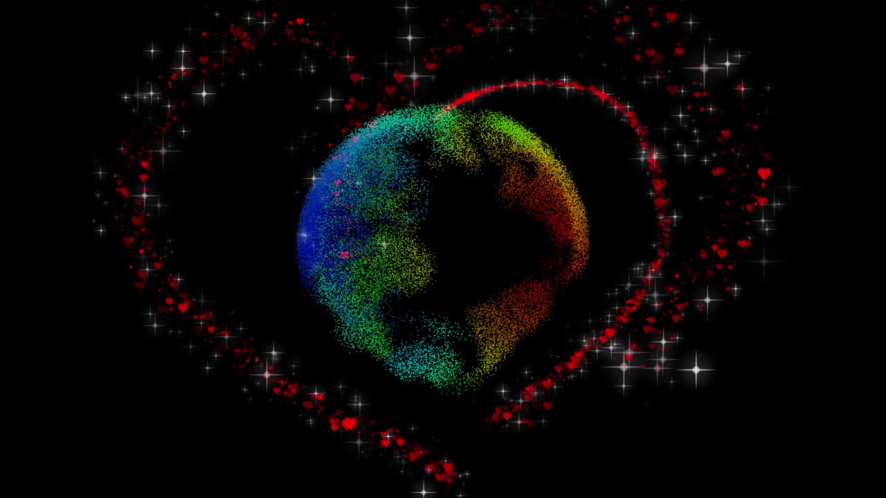 fondo de corazones, día de san valentín corazón rojo corriendo alrededor de la simulación globo en fondo negro. santo valentín tarjeta de felicitación diseño de movimiento con amor alrededor del concepto del mundo.