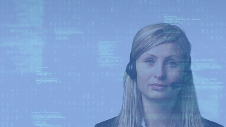 Animation of computer language, binary codes over caucasian call center agent talking over headset